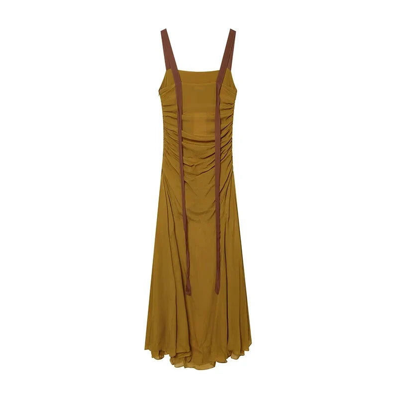 Sexy Spaghetti Straps Draped Maxi Dresses Vacation Summer Chiffon Vestidos Casual Sundress