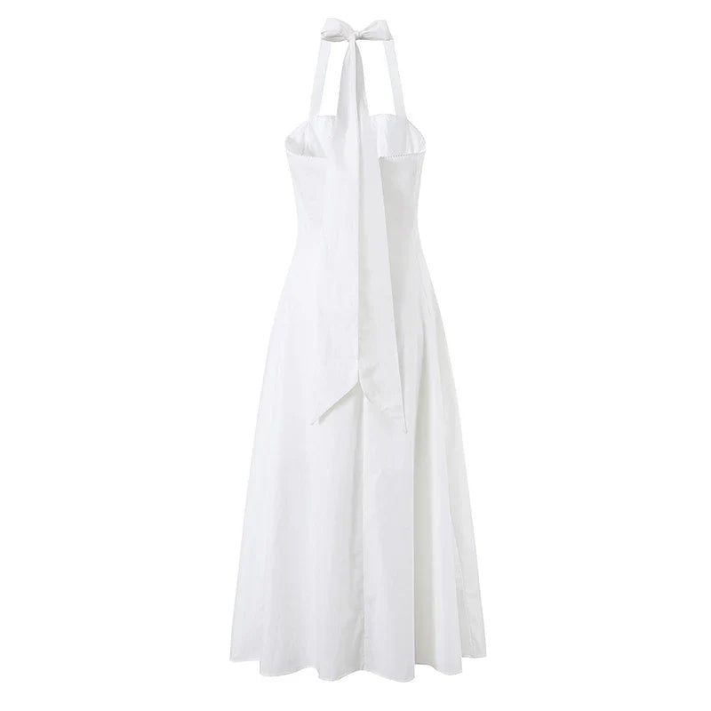 Elegant Retro White Halter Midi Dresses