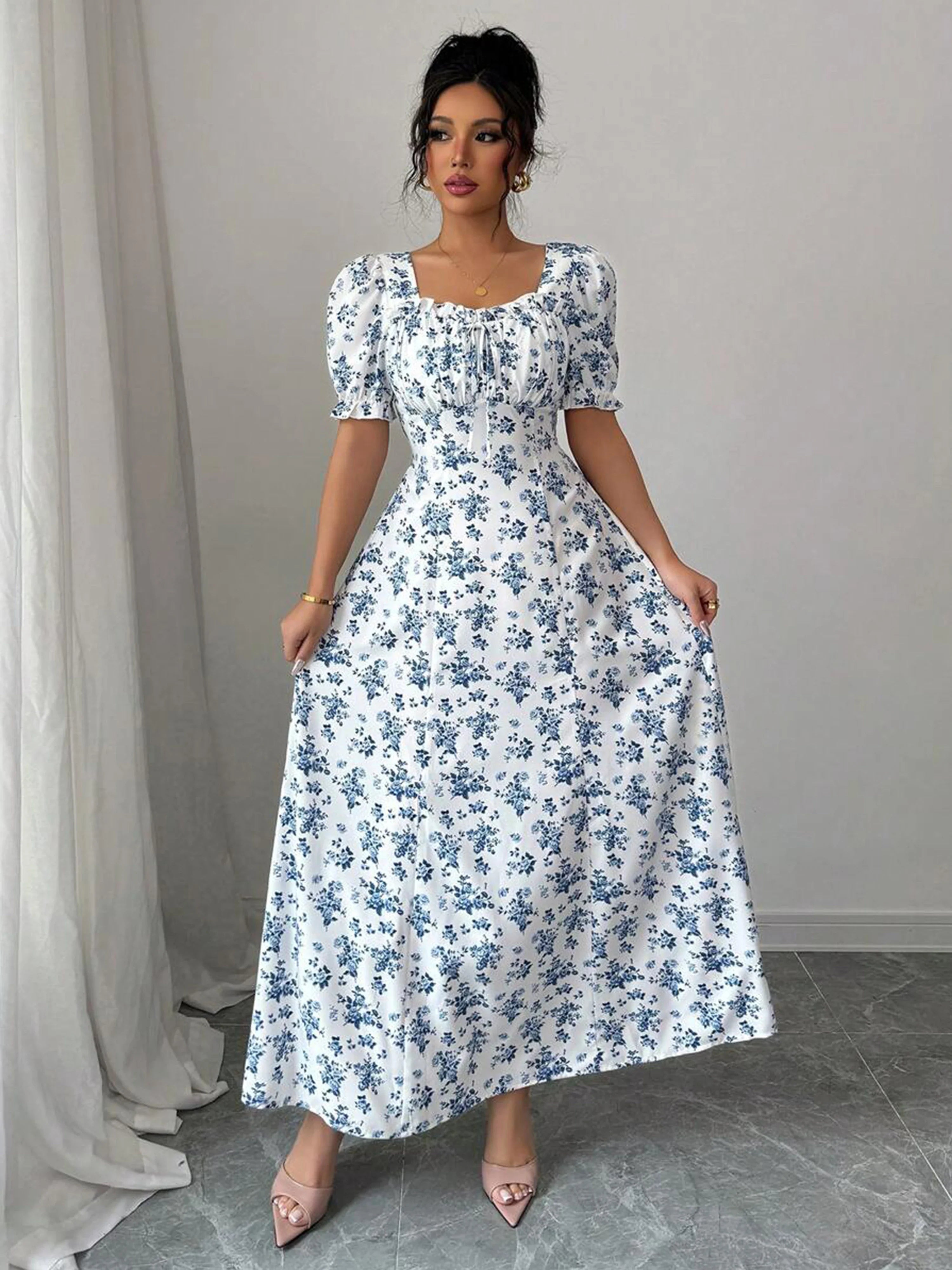Summer Elegant Casual Puff Sleeve Square Neck White & Blue Floral Print Maxi Dresses