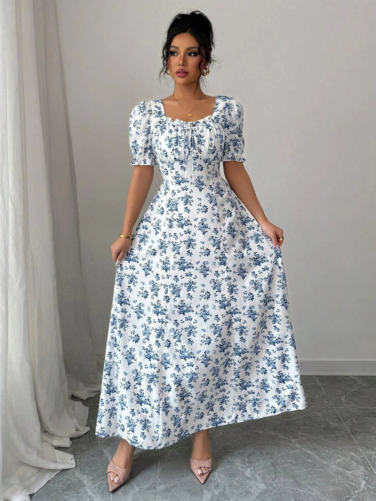 Summer Elegant Casual Puff Sleeve Square Neck White & Blue Floral Print Maxi Dresses