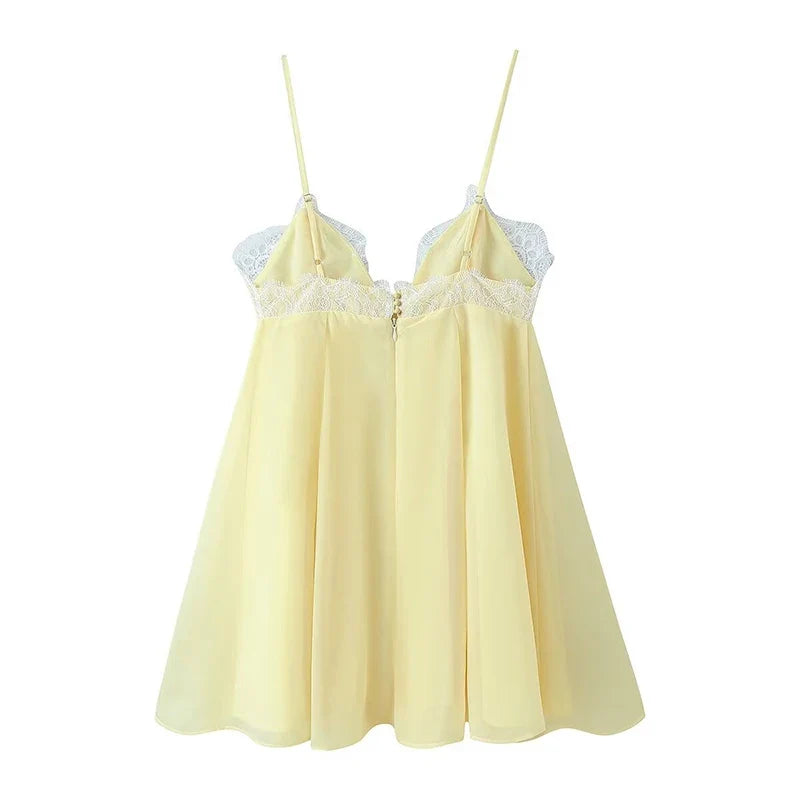 Sexy Spaghetti Straps Lace Trim Yellow Short Dresses V Neck A-line Beach Holiday Summer Vestidos