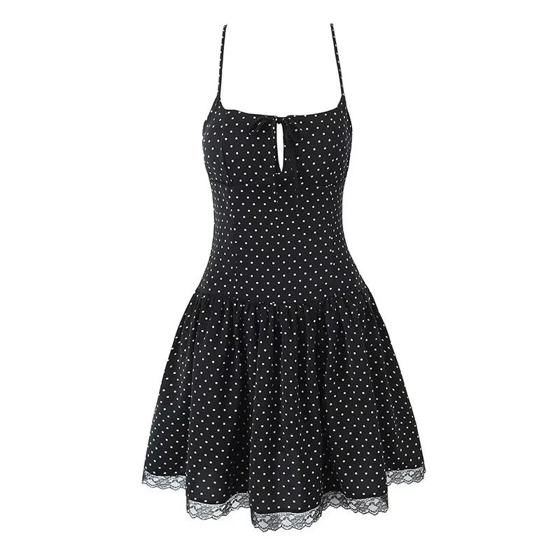 Lace Spliced Polka Dot Sexy Sling Mini Dresses