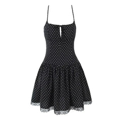 Lace Spliced Polka Dot Sexy Sling Mini Dresses
