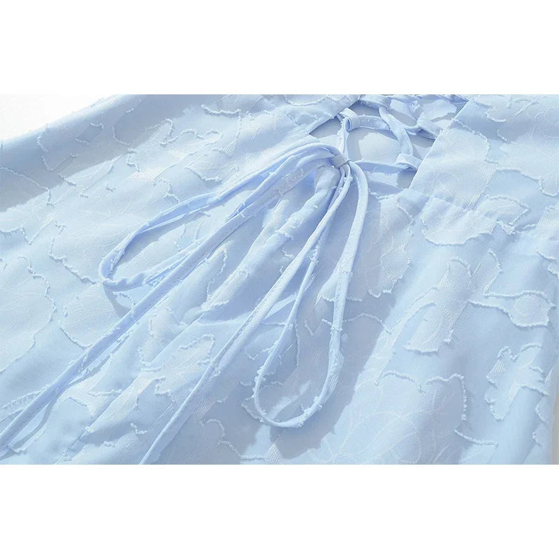 Summer Light Blue Floral Jacquard Midi Dresses