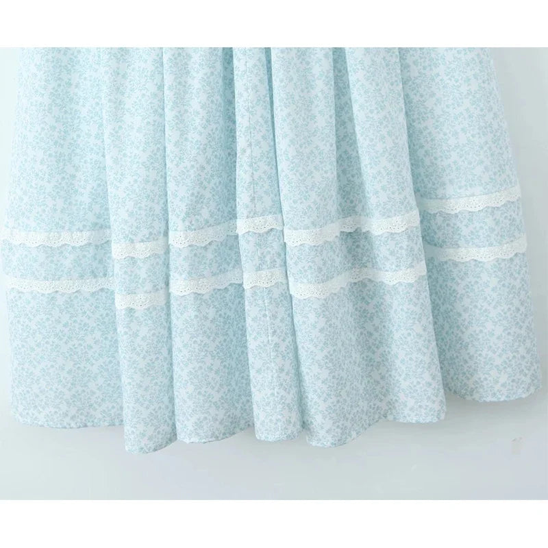 Sexy Elegant Lace Spliced Blue Floral Print Midi Long Sling Dresses Low Waist Fit And Flare Party Dresses