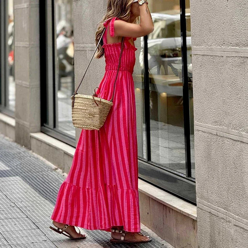 Striped Printed Camisole Bohemian Dress, High Street Pleated Backless Long Dress, Sexy Off Shoulder Beach Dress