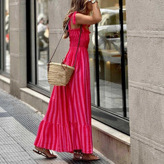 Striped Printed Camisole Bohemian Dress, High Street Pleated Backless Long Dress, Sexy Off Shoulder Beach Dress