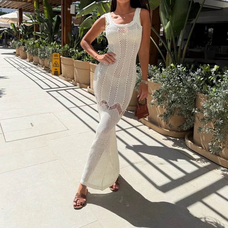 Sexy Hollow Crochet Cover Up Dresses White Knitted Slim Fit Summer Long Dresses