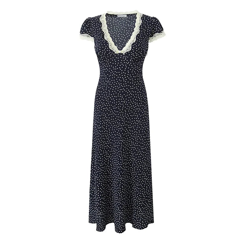 Navy Blue Polka Dot Long Dresses