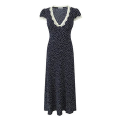 Navy Blue Polka Dot Long Dresses