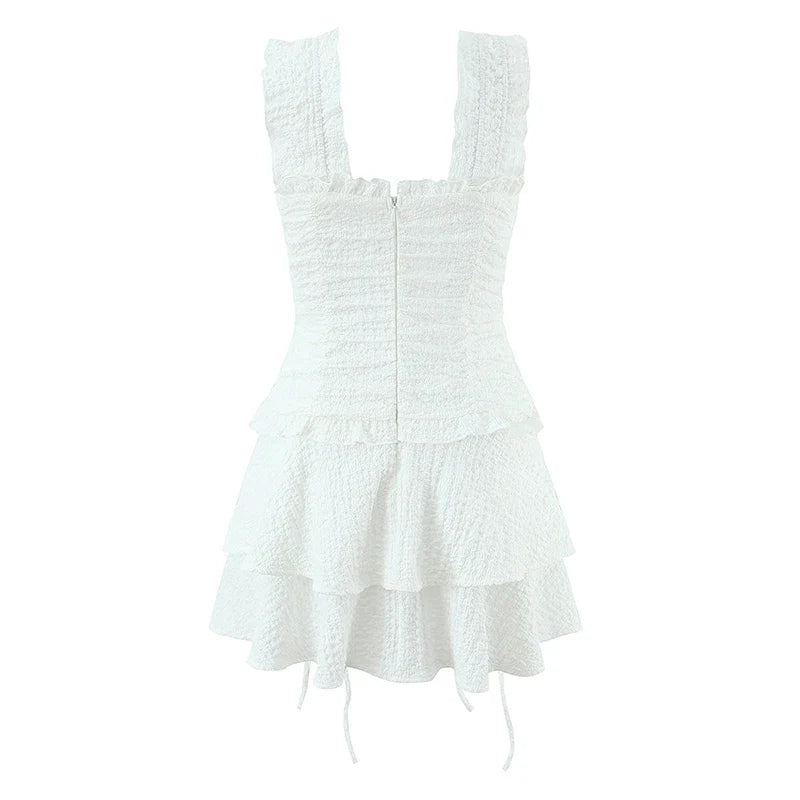 Summer French Style White Textured Ruched Tie Waist Mini Dresses