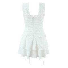 Summer French Style White Textured Ruched Tie Waist Mini Dresses