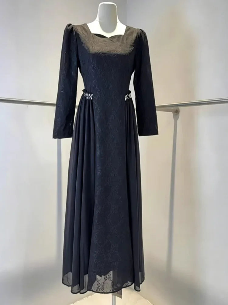 Fashionable V-neck Long Sleeved Patchwork Pleated Dresses