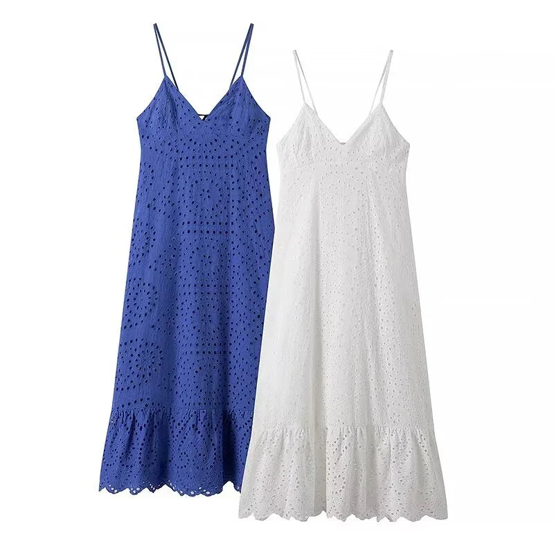 Sexy Backless Hollow Out Embroidery Spaghetti Strap Dresses