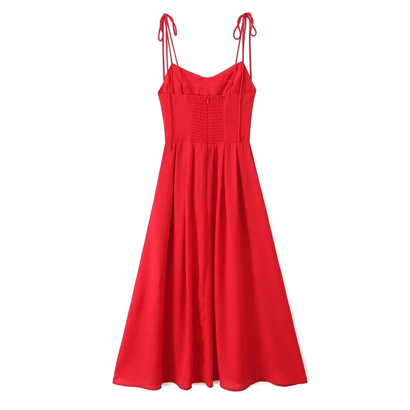 French Style Retro Red Sling Midi Long Dresses Sexy Backless V Neck A-line Holiday Summer Dresses Party Robe
