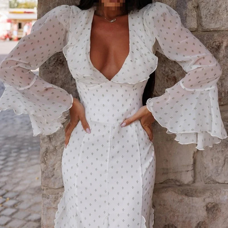 Floral Print Elegant Dresses Low Cut V Neck High Waisted Long Dresses