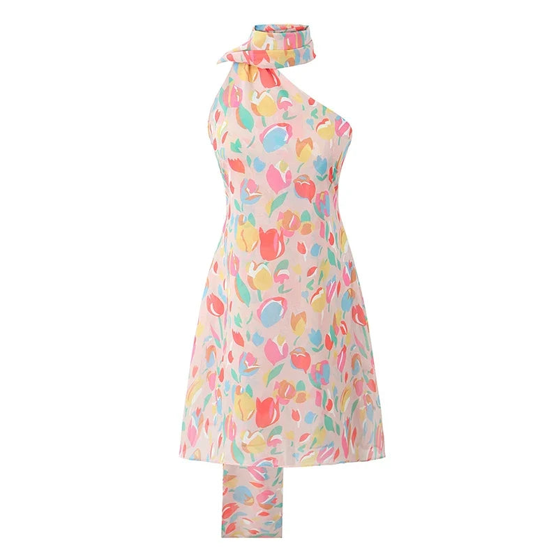 Multicolor Print Asymmetric Shoulder Halter Dresses