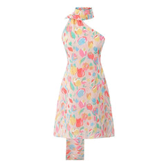 Multicolor Print Asymmetric Shoulder Halter Dresses