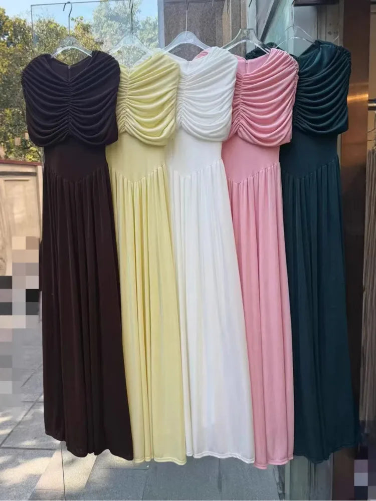 Socialite Style Floor Length V Neck Wrinkles Boat Neck Solid Color Knitting Fitted Dresses Model