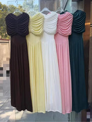 Socialite Style Floor Length V Neck Wrinkles Boat Neck Solid Color Knitting Fitted Dresses Model