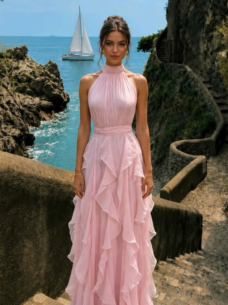 Elegant Waist-Cinching Ruffle Hem Long Sleeveless Dresses