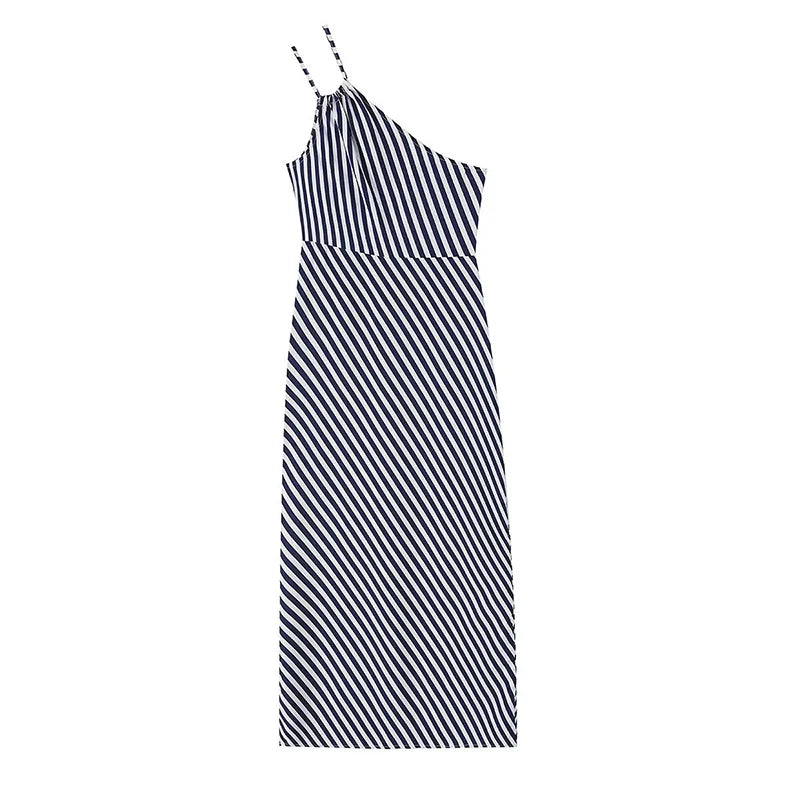 Positioning Diagonal Stripe Asymmetric Sling Dresses