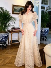 Vintage V-neck Lotus Leaf Shawl Long Sleeved Embroidered Waist Cinching Dresses