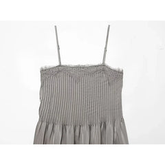 Grey Satin Pleated Midi Dresses