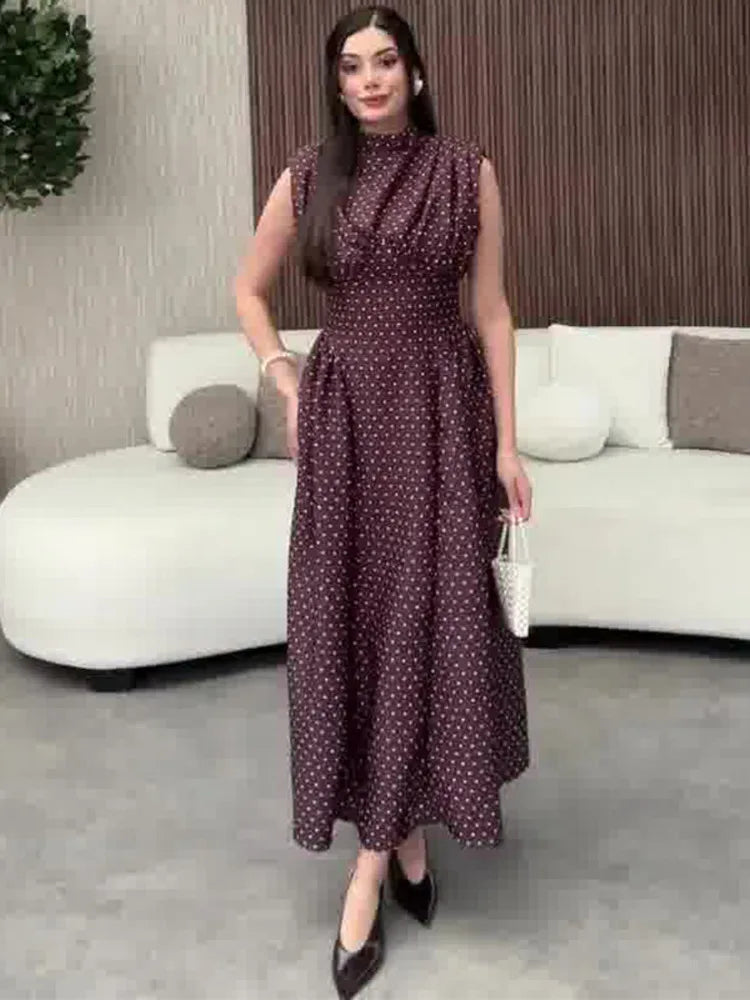 Office Lady Wave Point Stand Up Collar Bandage Sleeveless Waist Cinched Dresses