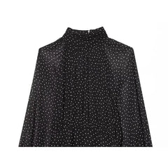 French Style Polka Dot High Neck Pleated Chiffon Dresses