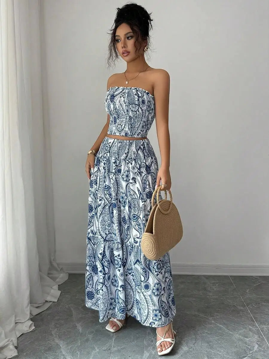 All-Over Print Strapless Casual Elegant Beach Wedding 2 Pieces Set (Top And Skirt) Summer