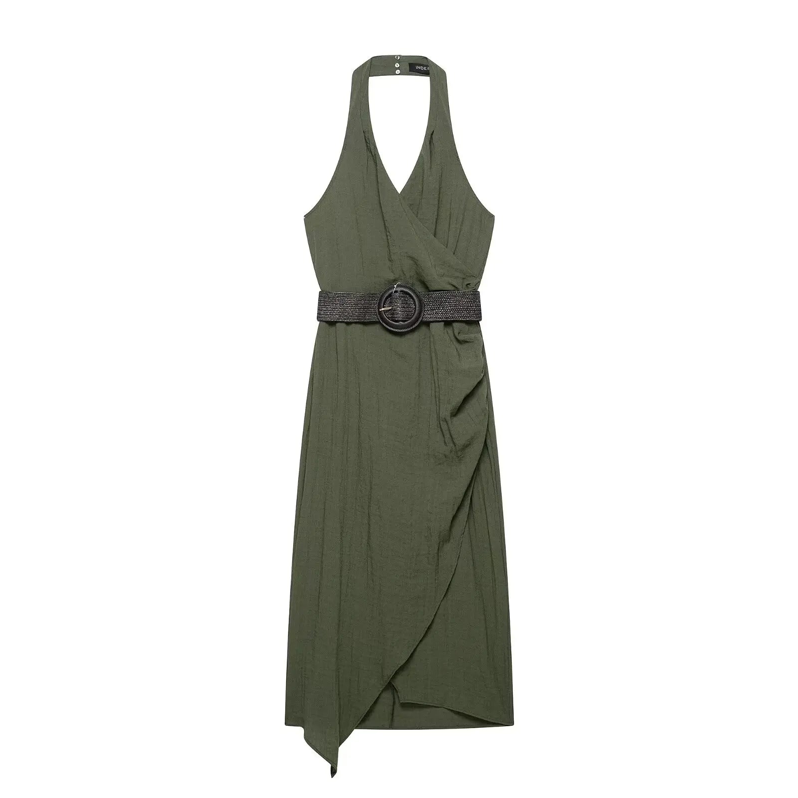 Crinkled Halter Wrap Midi Dresses