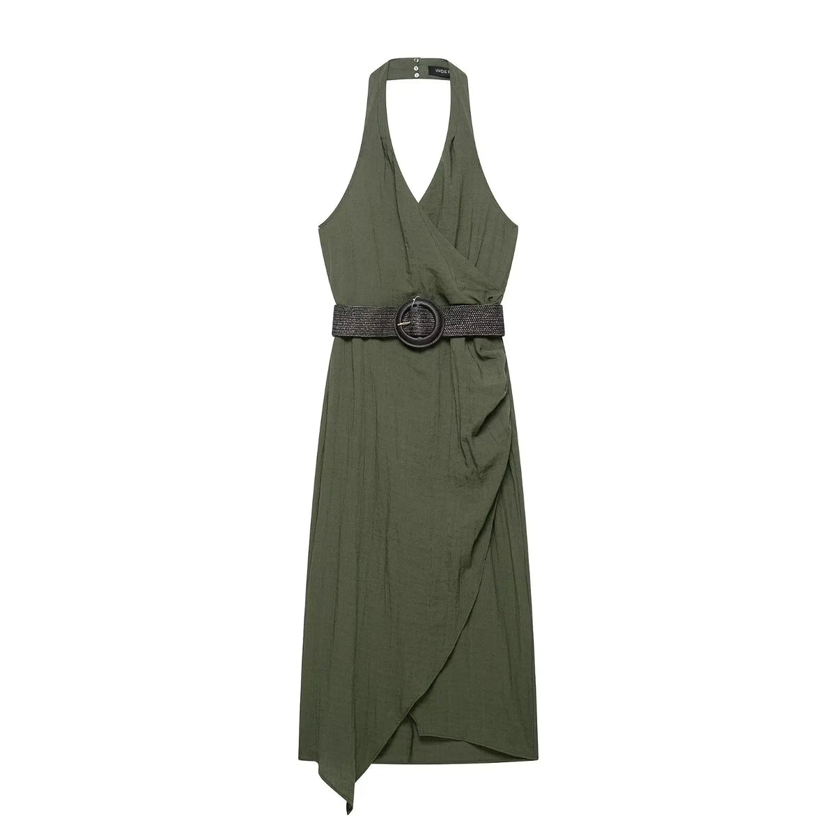 Crinkled Halter Wrap Midi Dresses