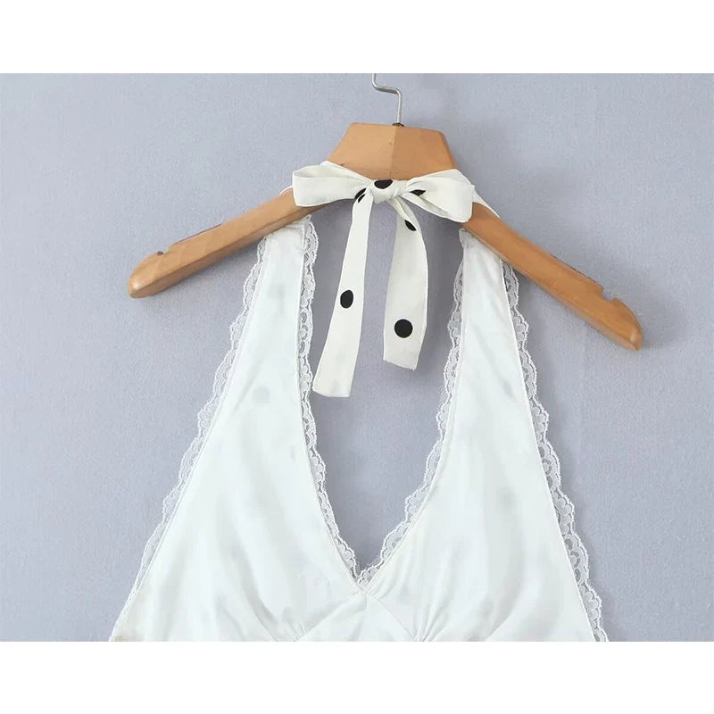 Lace Spliced Polka Dot Halter Dresses