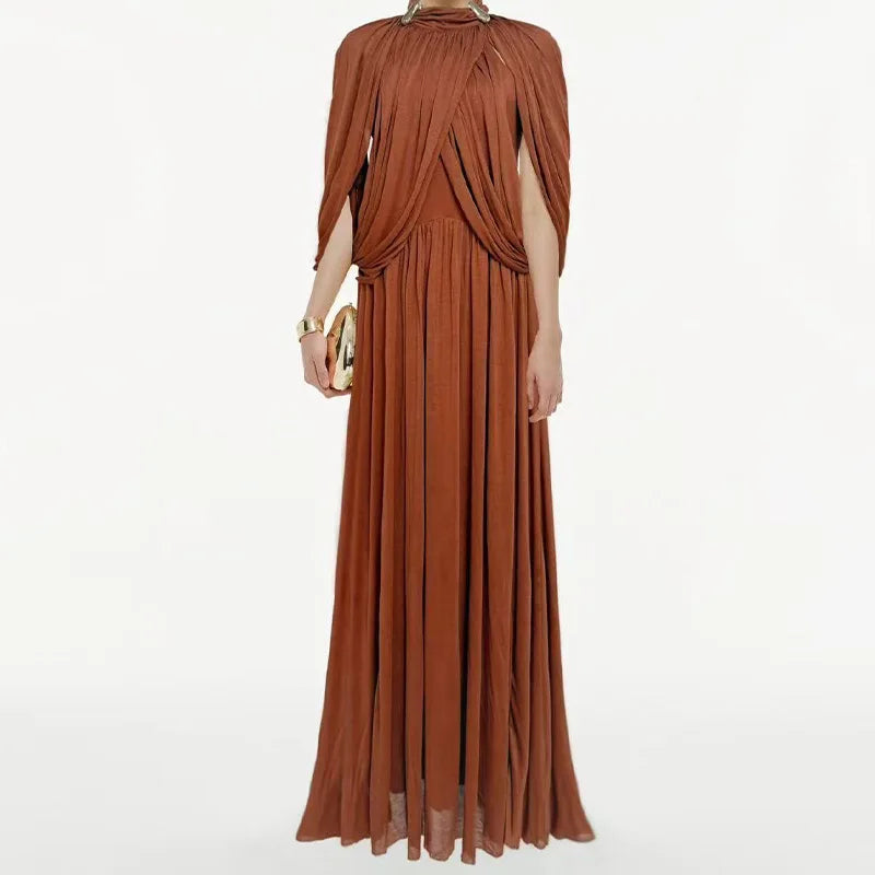Summer Pleated Elegant Round Neck Chiffon Fashionable Long Dress