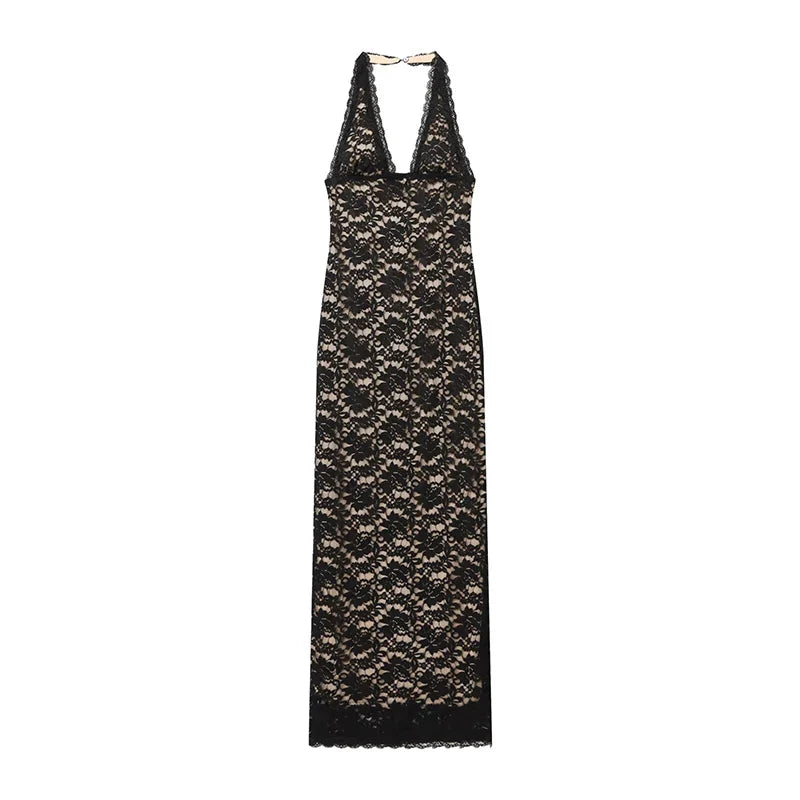 Backless Halter Lace Sexy Long Dresses Bodycon Club Party Maxi Vestidos