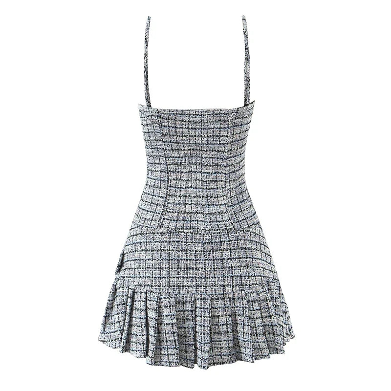 Vintage Plaid Front Button With Belt Pleated Hem Knit Sling Mini Dresses Sexy Robe