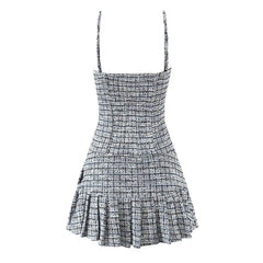 Vintage Plaid Front Button With Belt Pleated Hem Knit Sling Mini Dresses Sexy Robe