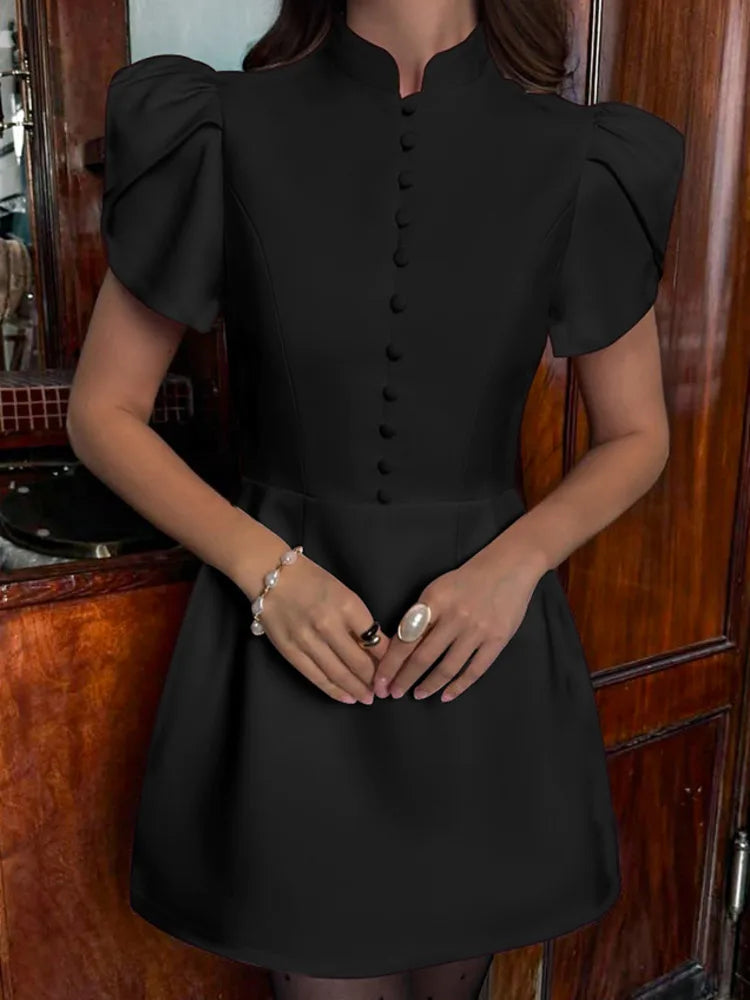 Summer Stand Up Collar Bubble Sleeve High Waisted Dresses