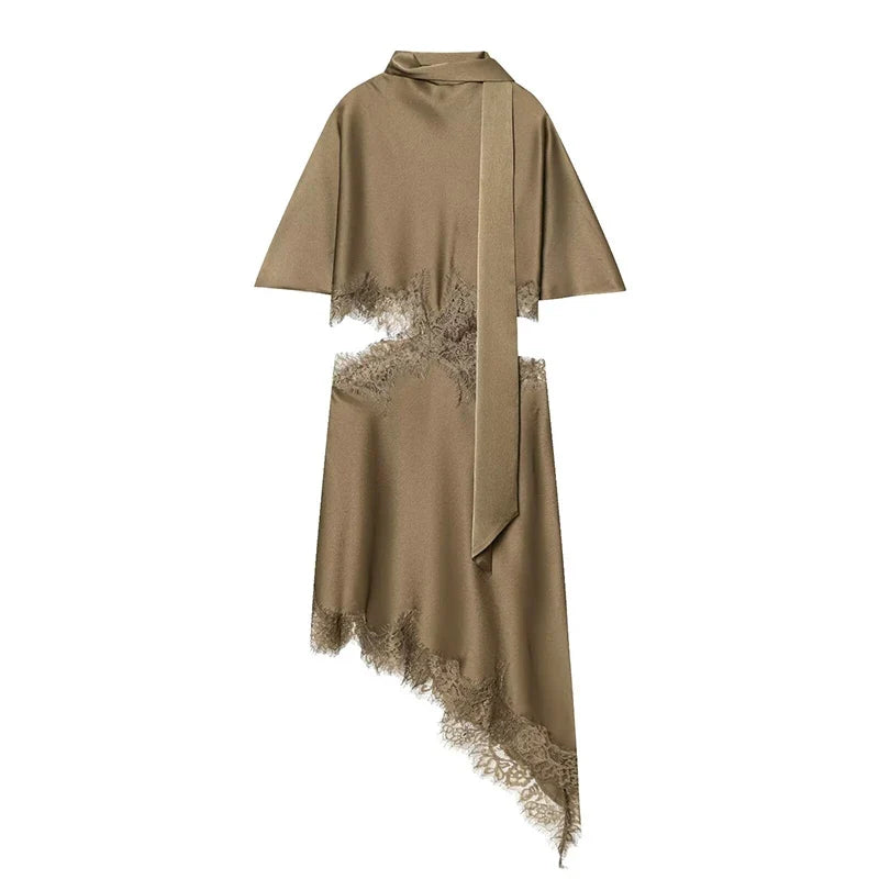 Satin Lace Trim Midi Dresses