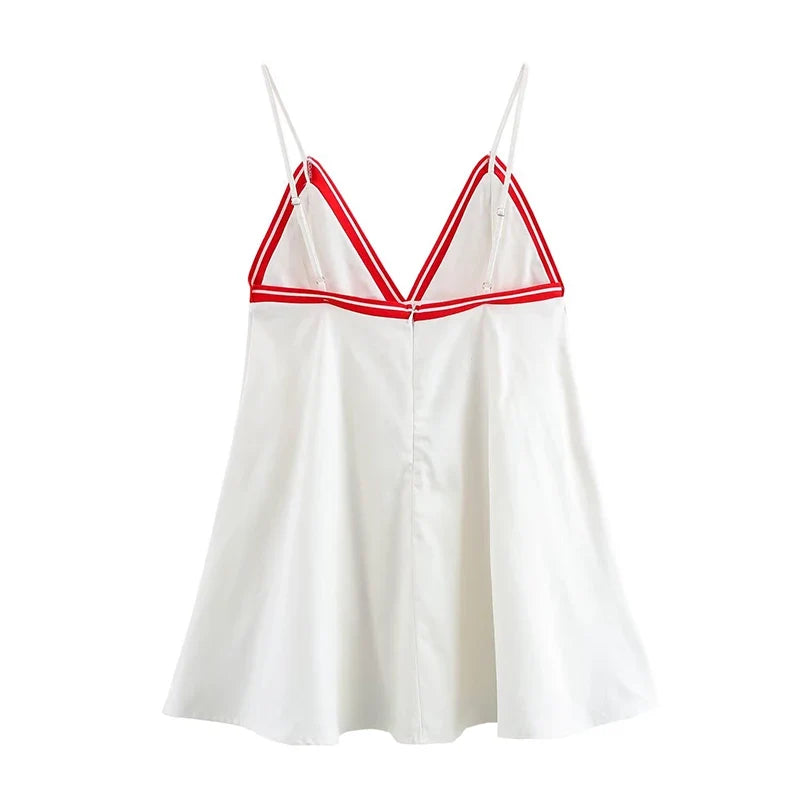 Contrasting Striped Ribbed Trim White Short Dresses