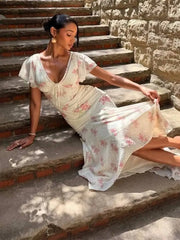 Retro Elegant Printed V-neck Short Sleeved Waist Long Dresses