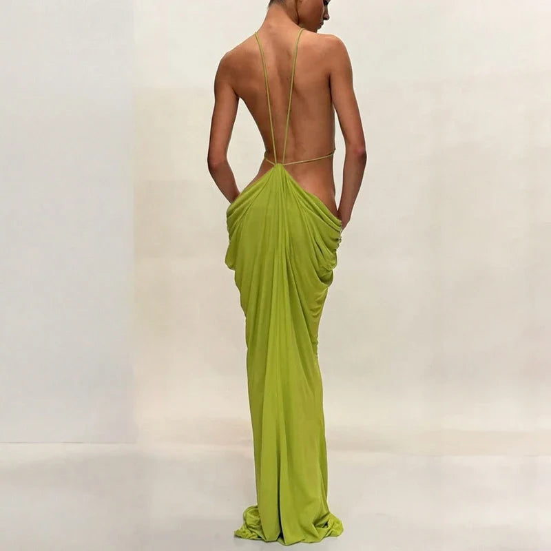 Green Backless Hollow Out Slim Fit Banquet Dresses