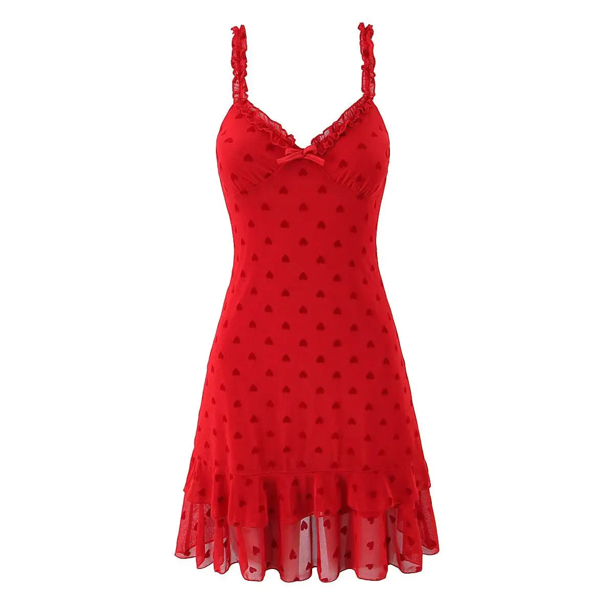 Spaghetti Straps Red Mini Dresses For Sleeveless V Neck Hem Ruffle A-line Holiday Summer Dresses
