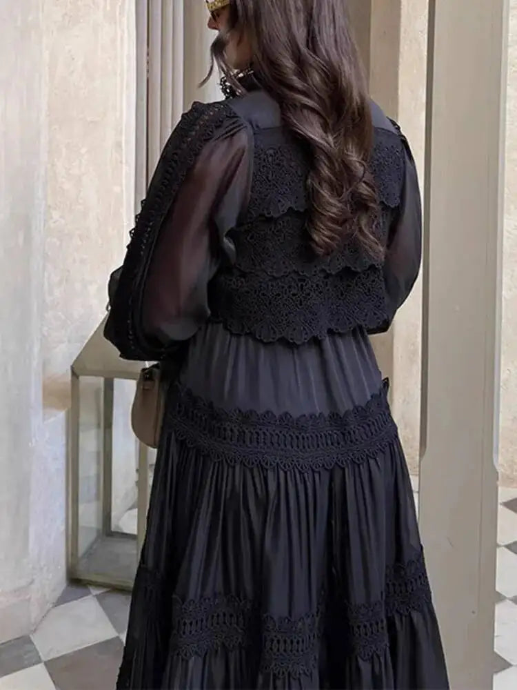 French Style Elegant Court Style Half High Collar Lace Embroidery Hollow Out Trim Long Dress