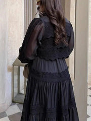 French Style Elegant Court Style Half High Collar Lace Embroidery Hollow Out Trim Long Dress