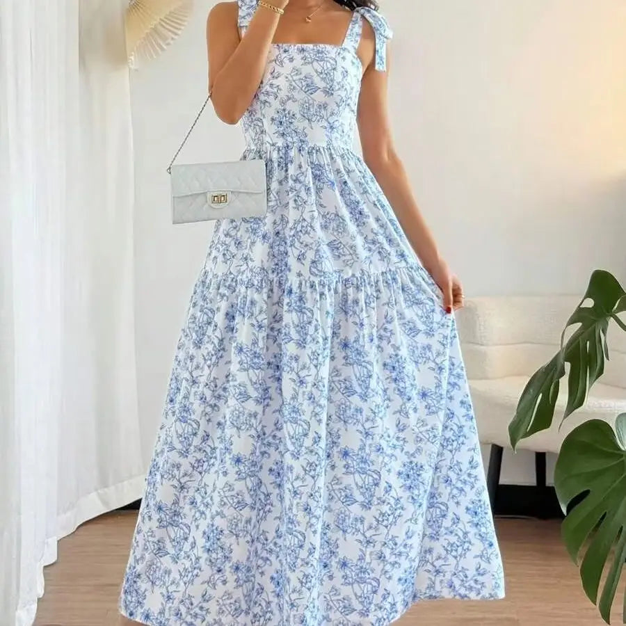 French Elegant Pleated Flounce Floral Print Long Dress, Sleeveless V-Neck Ruffled Dress, Summer Ladies Light Blue Gown Blue