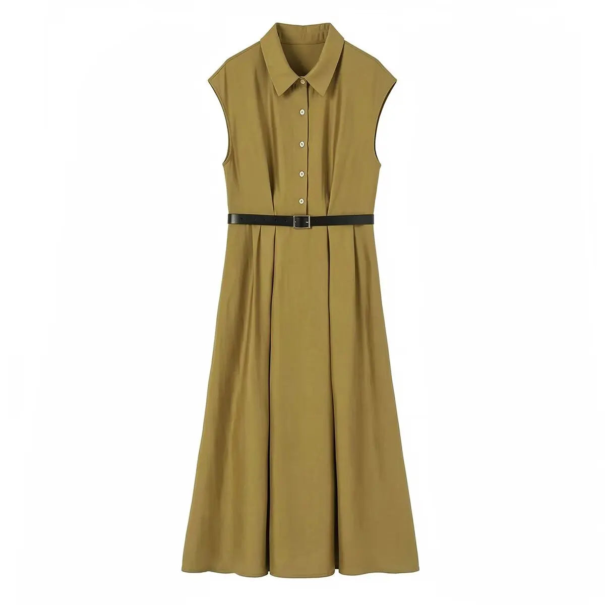 Sleeveless With Belt Long Shirt Dresses Lapel Collar A-line Elegant Office Vestidos