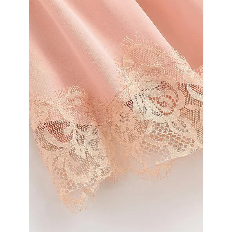 Lace Trim Spaghetti Strap Ruffle Hem Satin Sling Mini Dresses