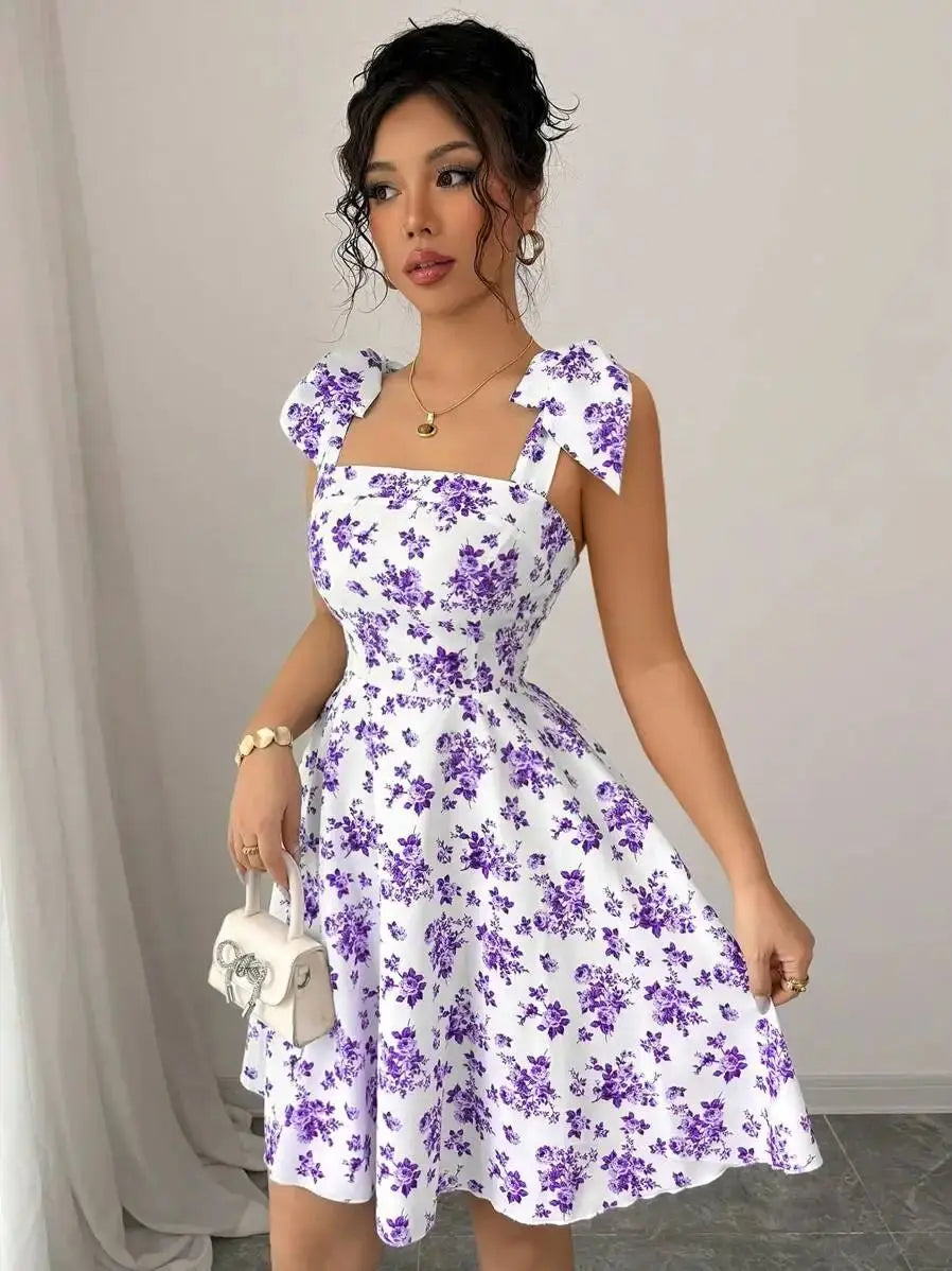 Ditsy Floral Shoulder Tie Bow Waisted A-Line Dresses